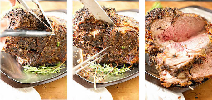 Collage with step by step photos showing how to carve a prime rib roast.