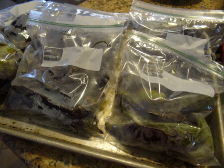 Roasted Hatch Green Chile in ziplock bags for storage.