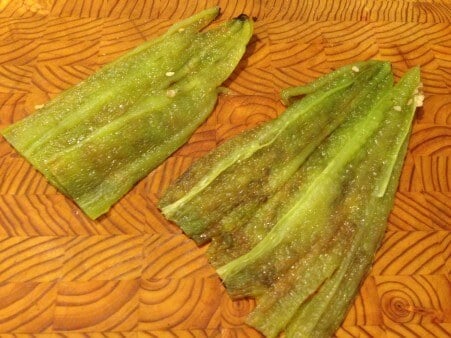 Roasted, cleaned green chiles. Seeds and membrane removed.