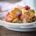 Raspberry breakfast strata on plate.