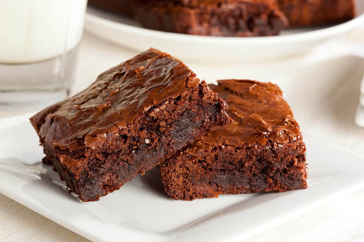 Chocolate Cherry Brownies on white plate with milk.