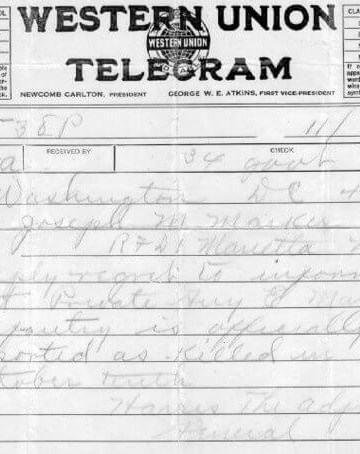 Western Union Telegram listing Guy Marker as Killed in Action