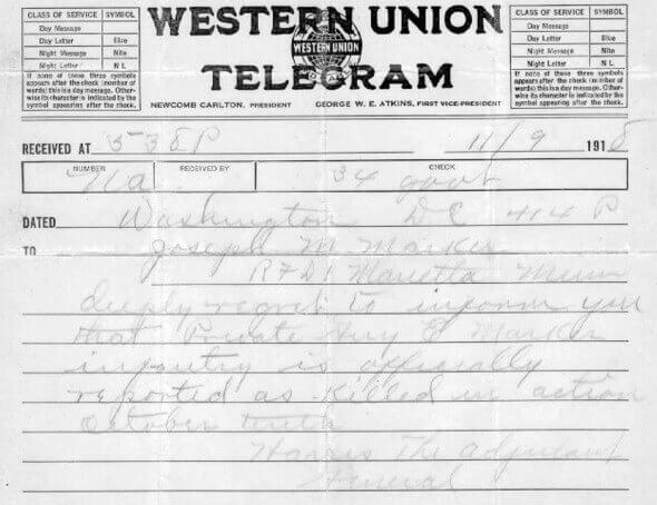 Western Union Telegram listing Guy Marker as Killed in Action.
