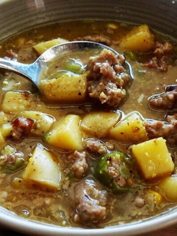 Okra Stew with Sausage in a bowl