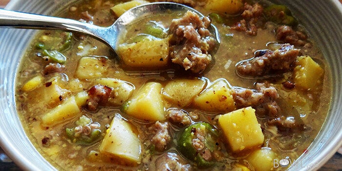 Okra Stew with Sausage in a bowl