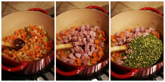 Three pictures showing step-by-step directions to cook the soup.