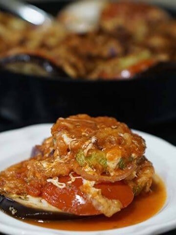 Vegetable Casserole on white plate.