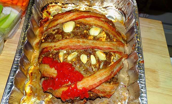 Baked Meatloaf in aluminum tin. 