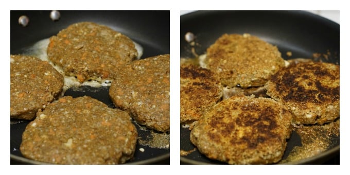 Nut burger patties frying in non stick pan. 