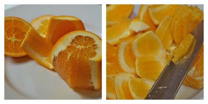 Oranges with the rinds peel off with knife.