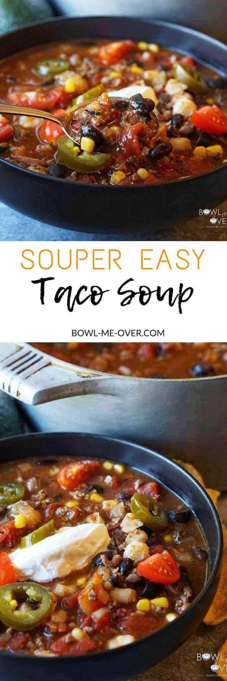 Easy Taco Soup is a spicy and delicious soup that's made with pantry staples! I#TacoSoup #BowlMeOver