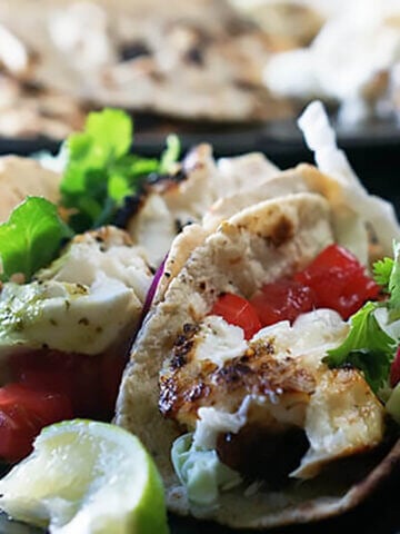 Baja fish tacos on platter.