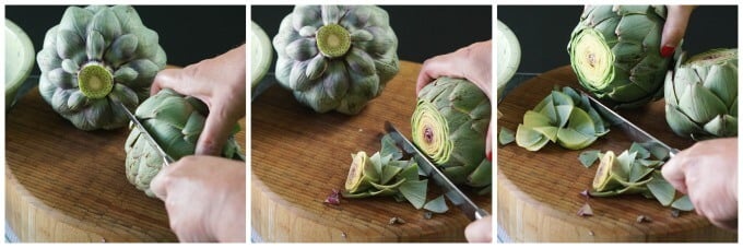 Top of artichokes being sliced off. 