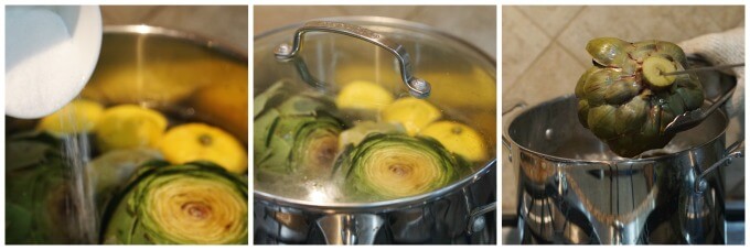 Salting boiling water with artichokes. One artichoke is being tested to see if it's done. 