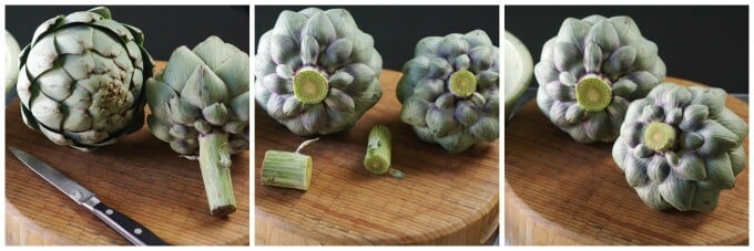 Photos of artichokes with stem sliced off. 