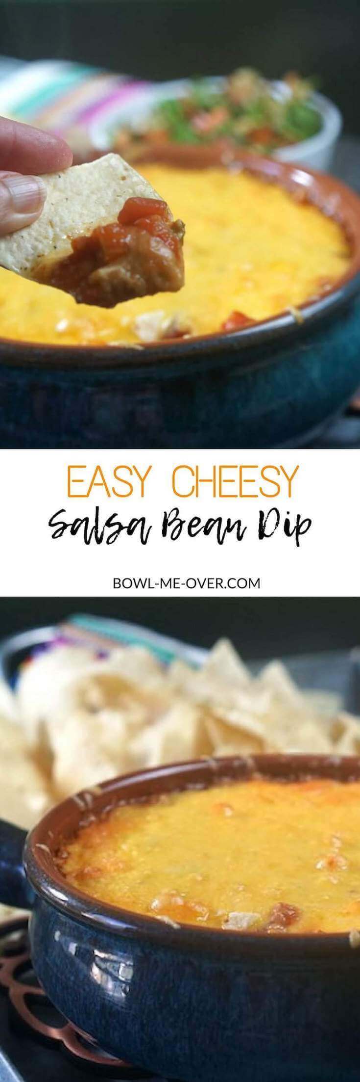 A refried Bean Dip Recipe that is only three ingredients. It's been baked in a blue ceramic bowl. There are piled of tortilla chips surrounding the tip.