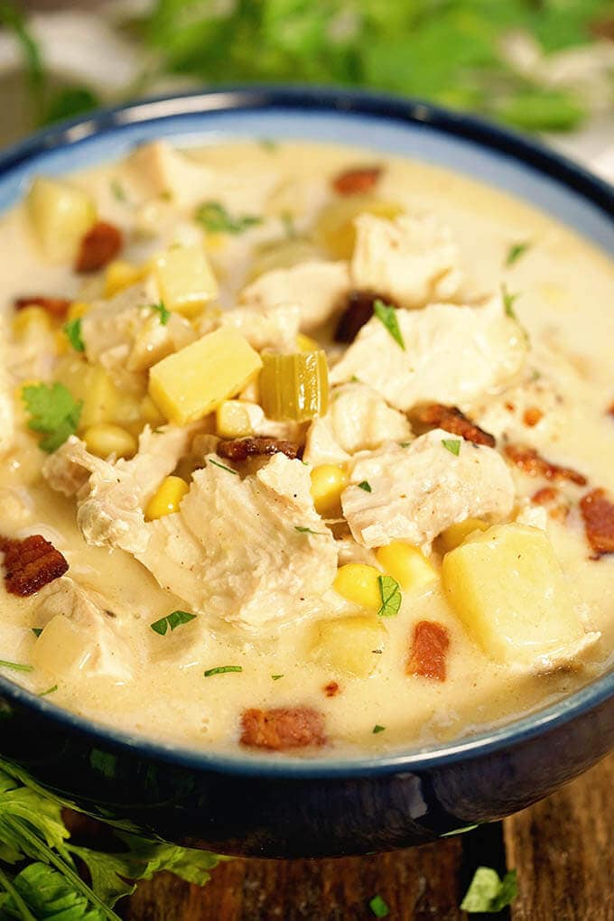 A bowl filled with Turkey Corn Chowder.