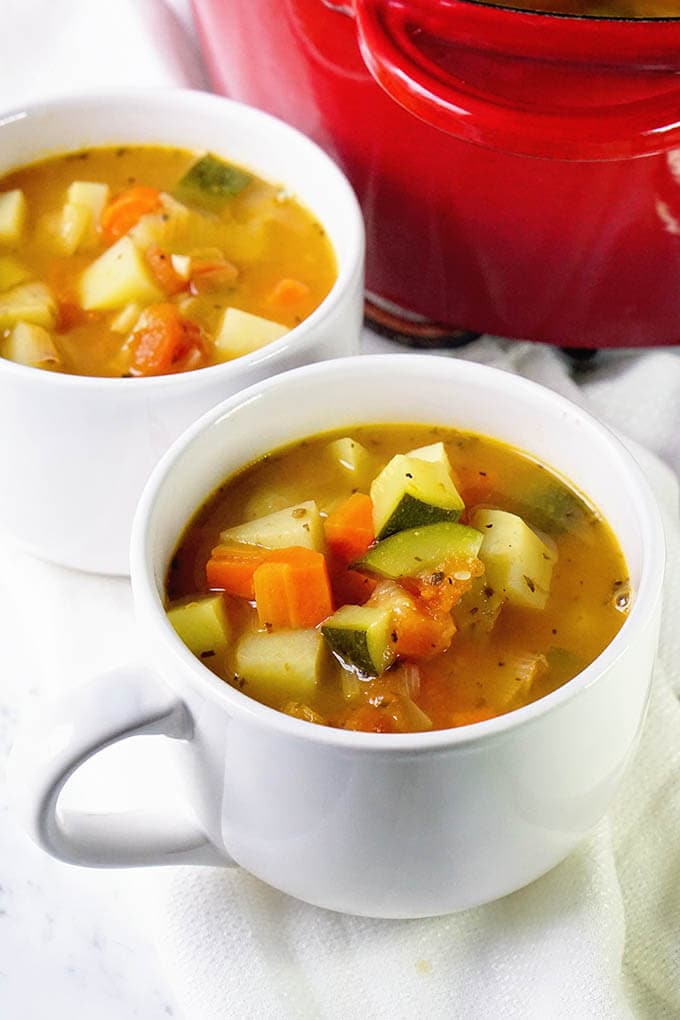 Tomato Vegetable Soup in big bowls - dinner's ready, are you hungry yet? Let's dig in!