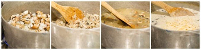 Collage of photos showing steps to make Chicken Tetrazzini Soup Recipe.