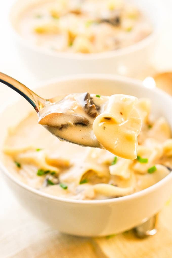 Chicken Tetrazzini Stew Recipe in a white with with spoon.