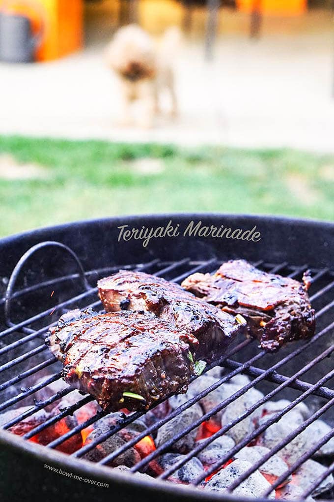 Teriyaki Steak on charcoal grill.