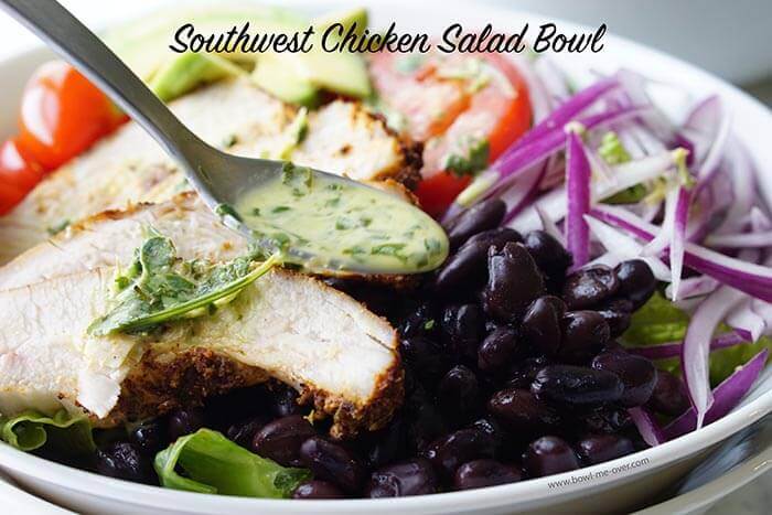 Super easy Chicken Salad Bowl topped with salad dressing.