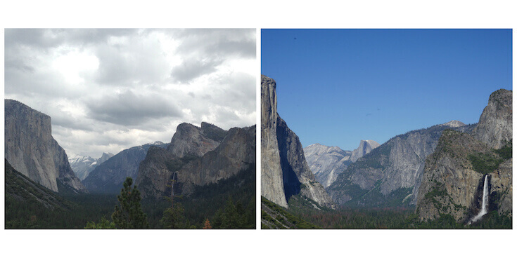 Two photos of Bridal Veil Falls in Yosemite National Park