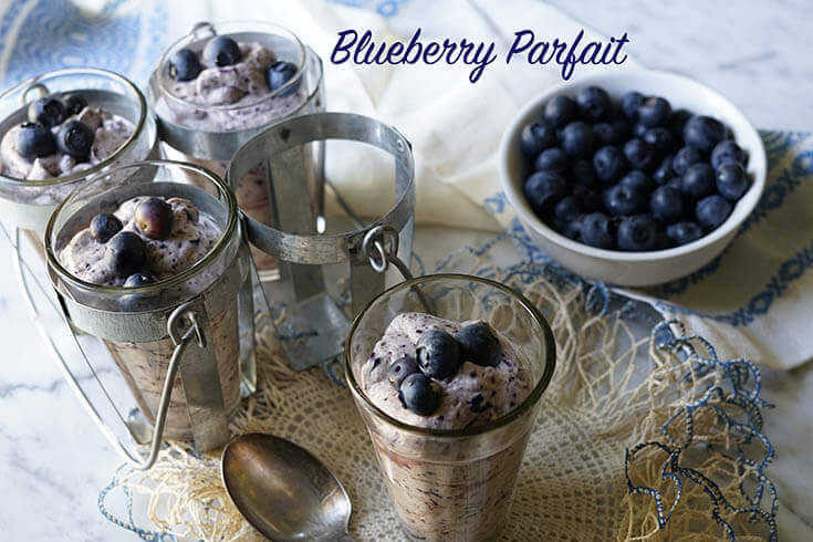 Blueberry desserts with aa bowl of fresh blueberries. 