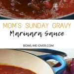 Recipe for Marinara Sauce fearing two blue pots. filled with red sauce. Also called Mom's Sunday Gravy