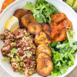 Vegan bowl recipe with quinoa, plantains and greens in bowl.