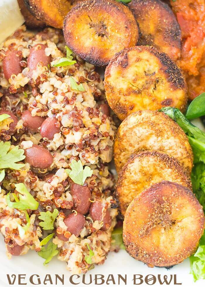 Quinoa, red bean and plantain vegan bowl recipe. 