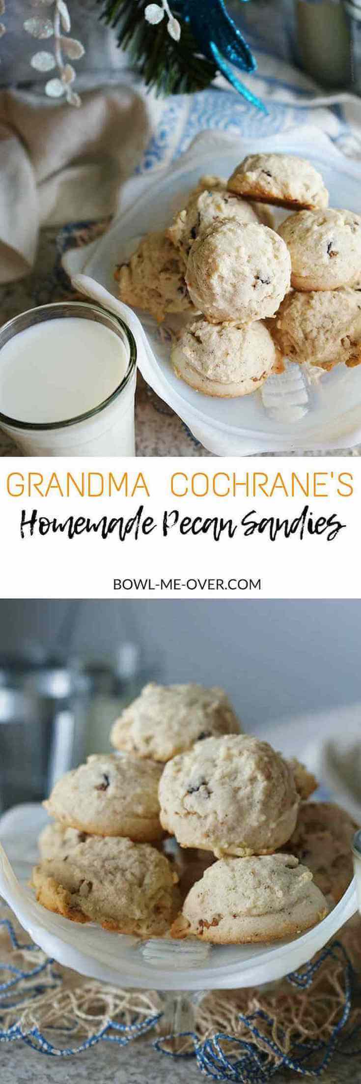 Homemade Pecan Sandie Recipe. A white bowl filled with homemade cookies being served with glasses of cold milk, enjoy!