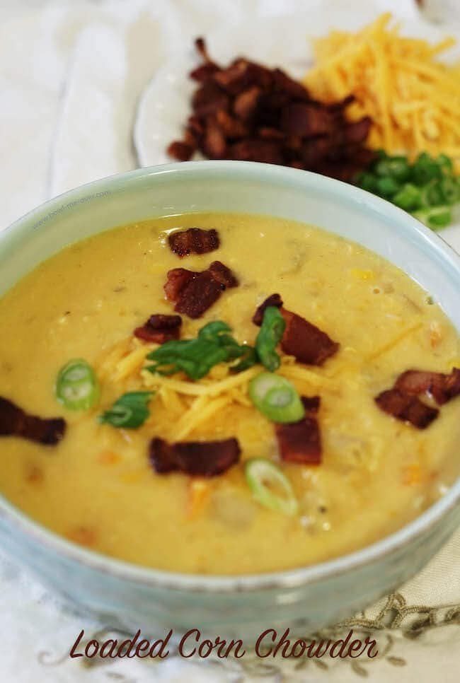 My recipe for corn chowder is super creamy. #CornChowder #SoupIsGoodFood #BowlMeOver