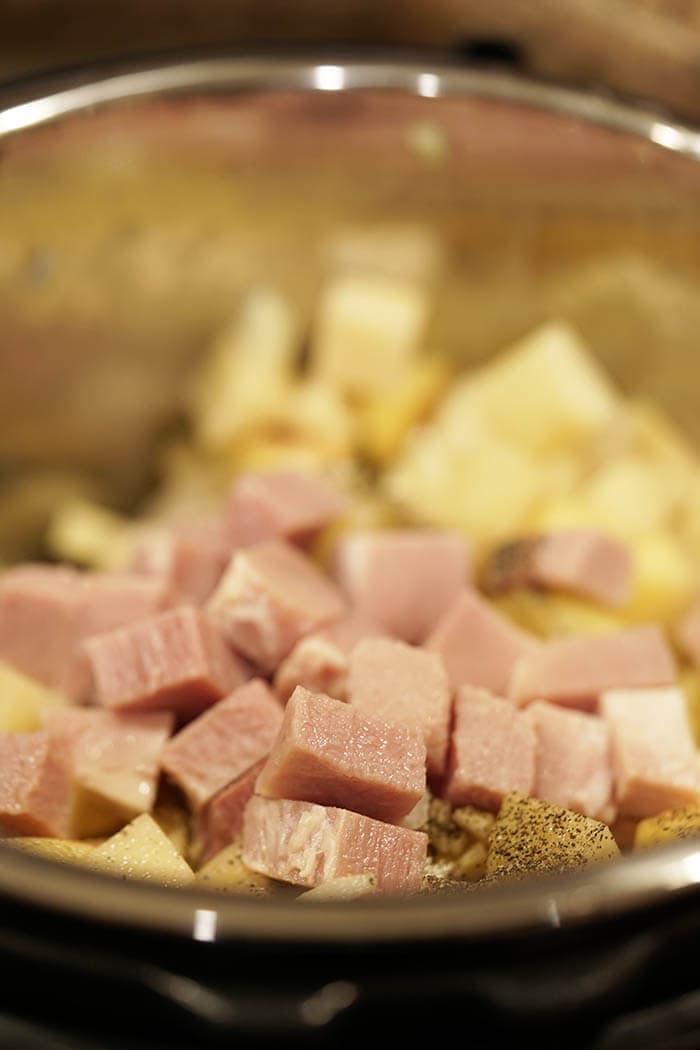 A close up of diced ham and potatoes.