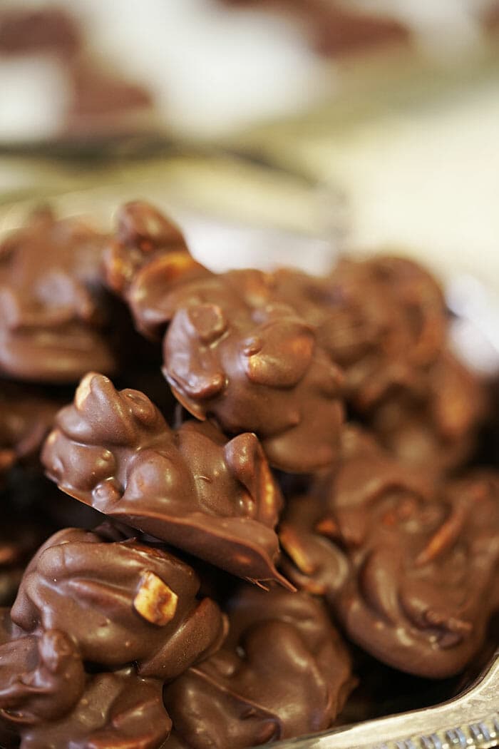 A mound of chocolate covered cashews.