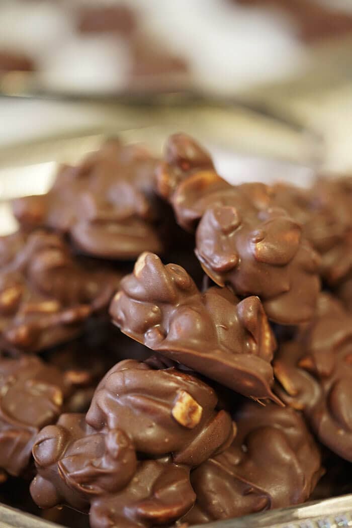 A mouthwatering stack of chocolate covered cashews