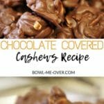 This picture shows how to make chocolate covered cashews with melted chocolate, adding the nuts. Next you stir in the nuts and portion them with a small ice cream scoop onto parchment paper to harden and cool. An easy chocolate covered cashews recipe!