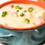 Ham and Potato Soup in blue bowl