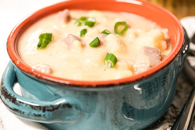 Ham and Potato Soup in blue bowl