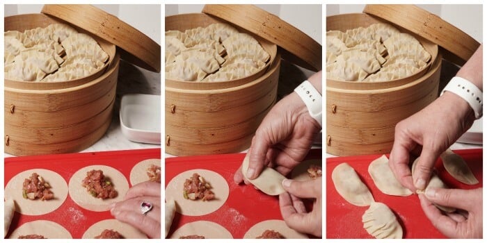 Step by step pictures how to stuff, seal and crimp Pot Stickers