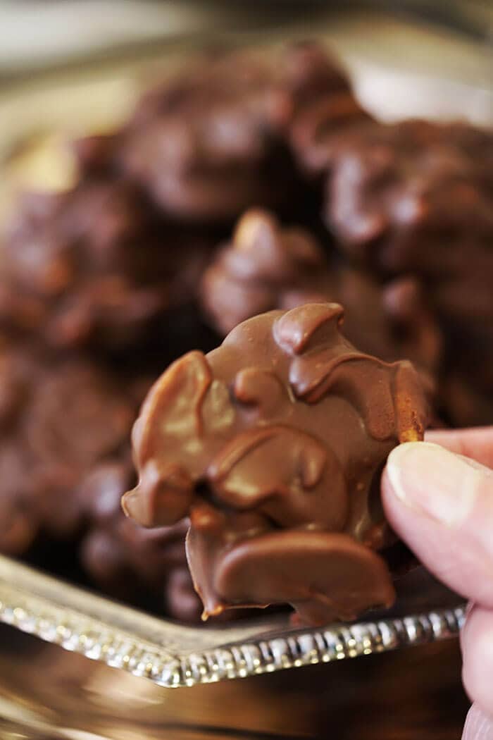 A close-up picture of Chocolate covered cashews perfect chocolates for Valentine's Day!