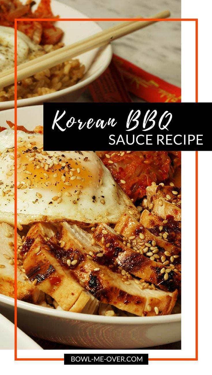 A Korean rice bowl topped with grilled chicken using a Korean BBQ Sauce recipe, kimchi and a perfectly fried egg!