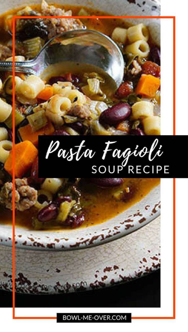 An overhead shot of a bowl full of Pasta Fagioli Soup.
