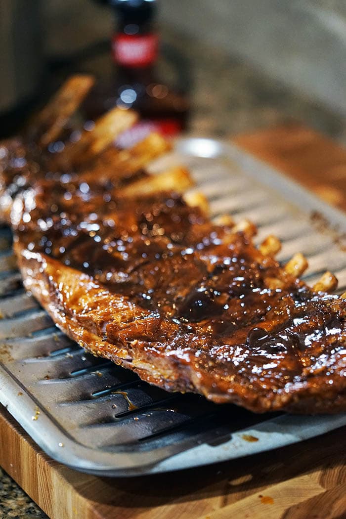 A slab of grilled pork ribs.