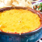 Bean Dip in a blue ceramic bowl.
