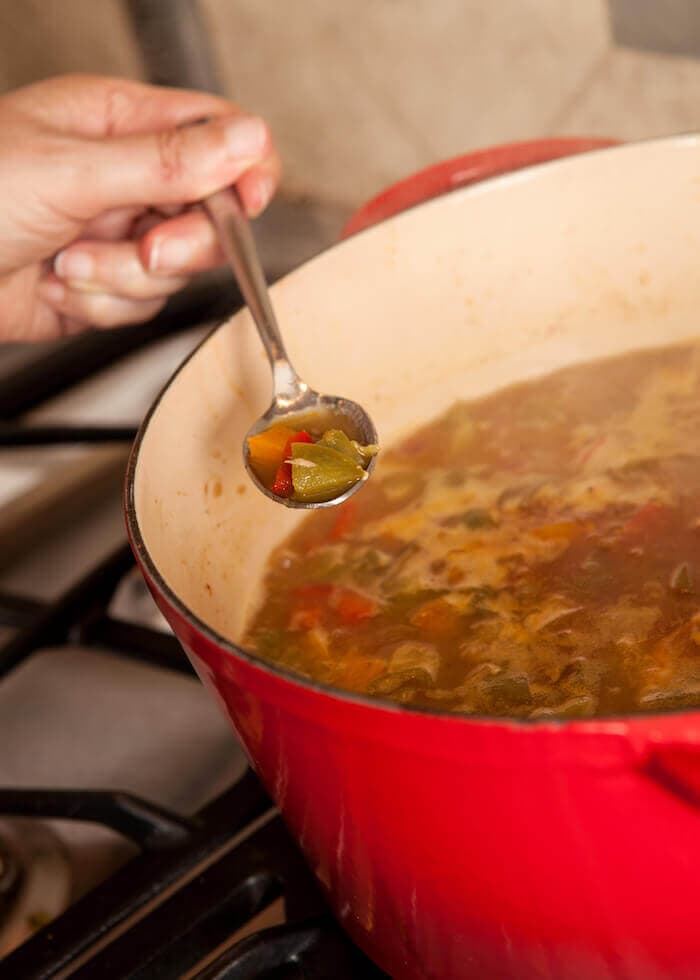 A heavy red pot full of homemade soup. A soup has dipped out a spoonful to taste the flavors!