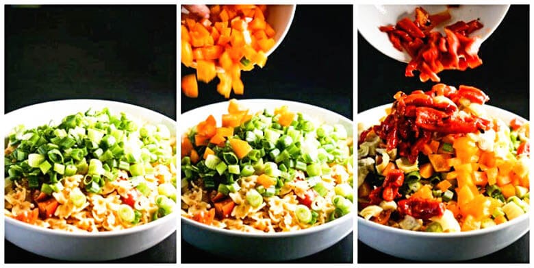 Three bowls with step by step directions to make bow tie salad.