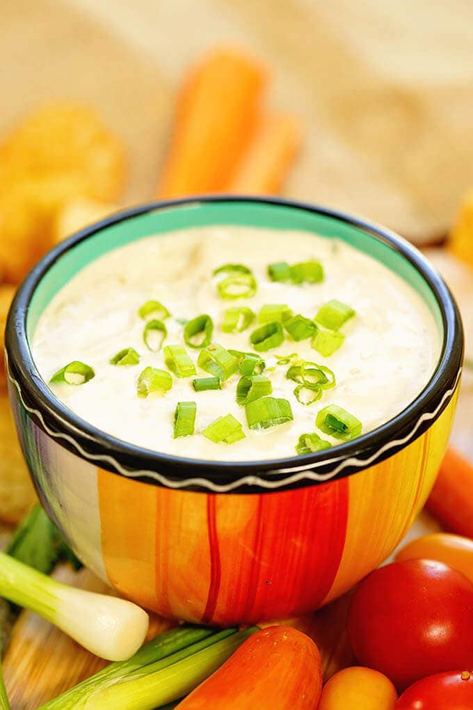 A colorful bowl filled with onion dip surrounded by chips and vegetables.