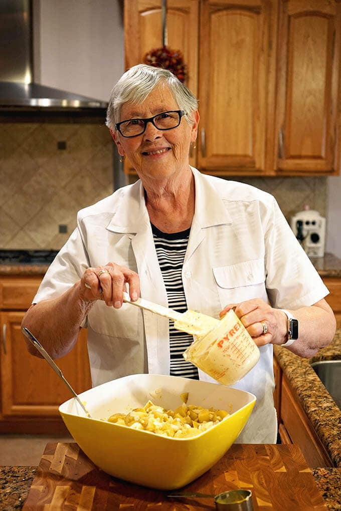 Mom making Deviled Egg Potato Salad