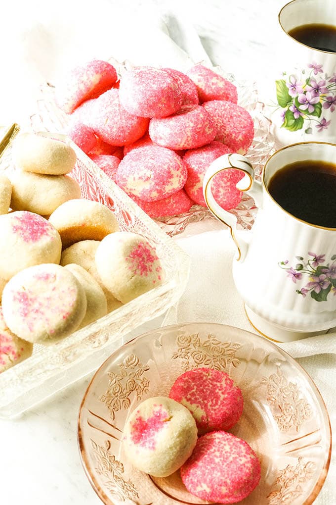 Homemade Butter Cookies in glass dish with coffee